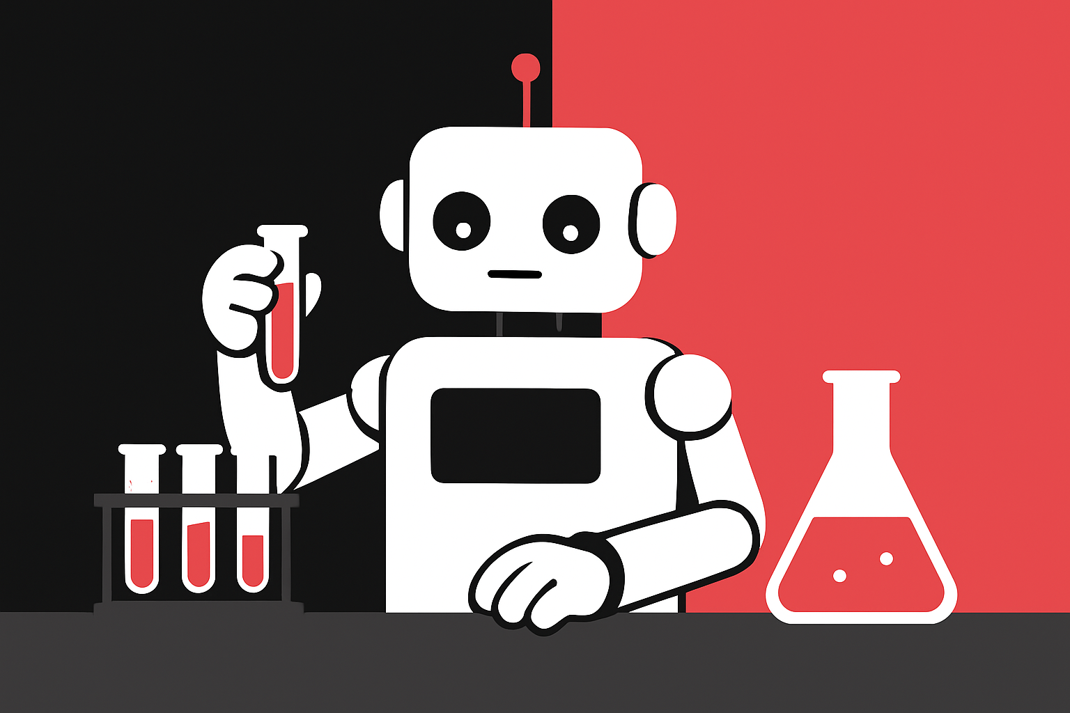 Ilustração de um robô em um laboratório, representando IA em experimentação com tubos de ensaio.
